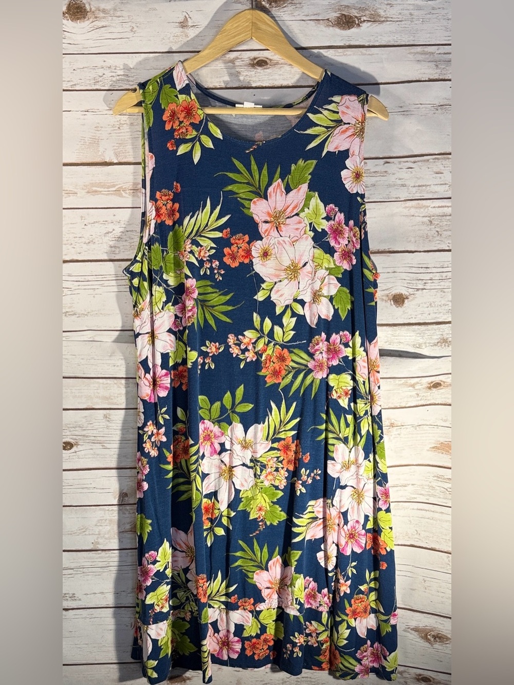 J. Jill Midi Dress Sleeveless Blue Pink Floral Design Rayon and Spandex XL EUC